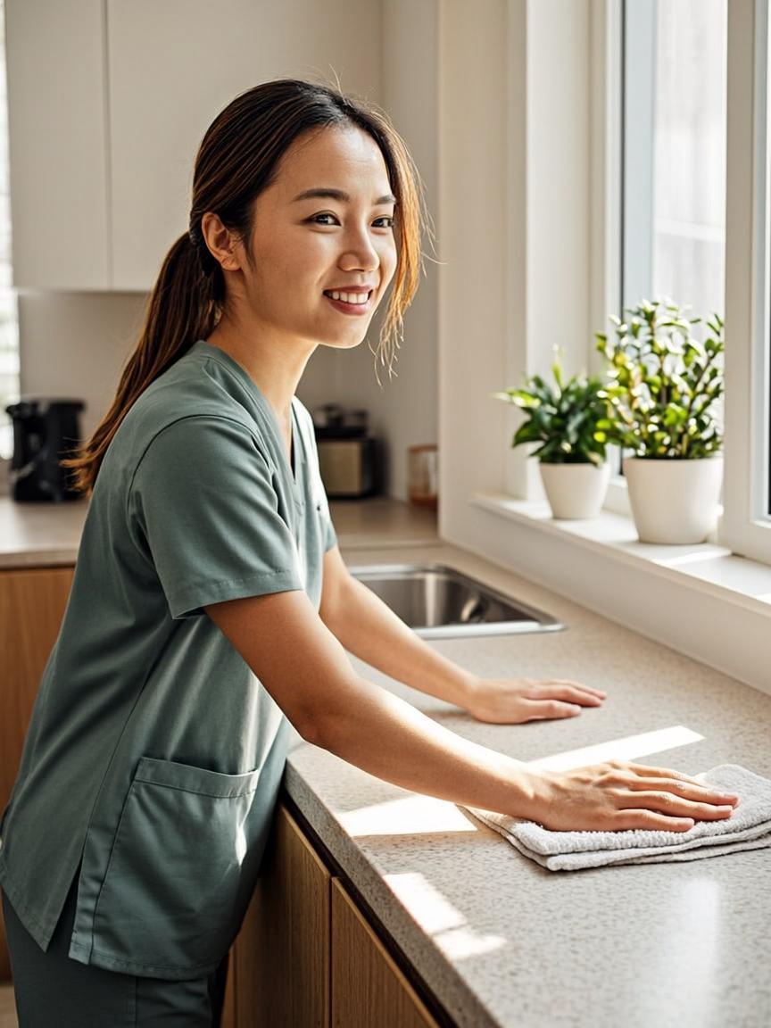 穿著制服的專業清潔師在明亮的廚房擦拭檯面